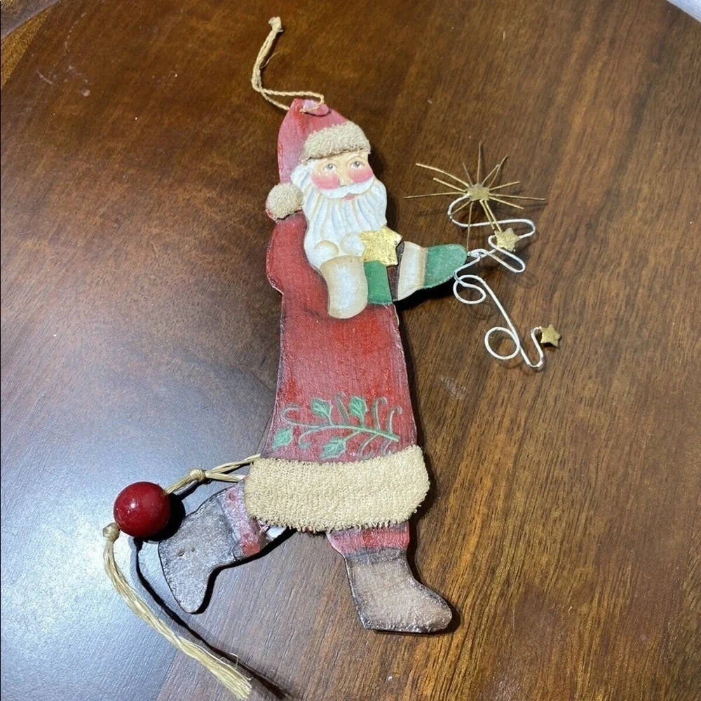 Vtg Tin Santa Clause Christmas Tree Ornament Articulated Movable Arm & Leg.